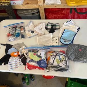 Baby Burp Rags, Bibs, Hats, and Leg Warmer Bundle